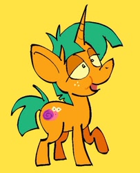 Size: 742x915 | Tagged: safe, artist:pichepata, imported from derpibooru, snails, pony, unicorn, big ears, colored sclera, colt, foal, freckles, green mane, green tail, horn, lidded eyes, long horn, long mane, long mane male, male, open mouth, open smile, orange coat, raised hoof, short, simple background, smiling, solo, standing, straight mane, straight tail, tail, unicorn horn, yellow background, yellow sclera