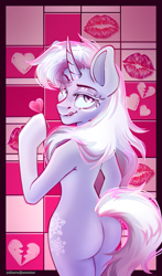 Size: 1205x2051 | Tagged: safe, artist:redjester, imported from derpibooru, oc, oc only, pony, semi-anthro, unicorn, butt, candy, female, food, heart, heart eyes, horn, kisses, looking at you, looking back, mare, pink, pink background, plot, simple background, smiling, solo, tongue out, wingding eyes