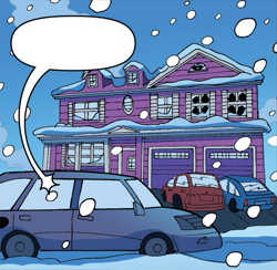 Size: 745x727 | Tagged: safe, edit, idw, imported from derpibooru, equestria girls, spoiler:comic, spoiler:comicholiday2014, car, cropped, no pony, official comic, rarity's house, snow, snowfall