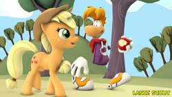 Size: 1920x1080 | Tagged: safe, artist:lancescout, imported from derpibooru, applejack, earth pony, pony, 3d, apple, apple tree, crossover, female, food, limbless, male, open mouth, rayman, source filmmaker, talking, tree, walking