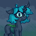 Size: 1000x1000 | Tagged: safe, artist:impamy, imported from twibooru, oc, oc only, oc:changeling filly anon, oc:filly anon, changeling, changeling queen, pony, /mlp/, 4chan, female, filly, floppy ears, image, looking at you, no tail, png, solo, species swap