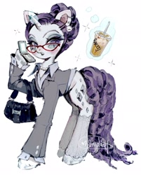 Size: 1649x2048 | Tagged: safe, artist:p0nyplanet, imported from derpibooru, rarity, pony, unicorn, alternate design, clothes, cutie mark, detached sleeves, female, glasses, horn, mare, office lady, purse, shirt, simple background, solo, white background