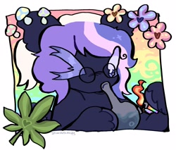 Size: 2272x1936 | Tagged: safe, artist:larvaecandy, imported from derpibooru, oc, oc only, oc:fluff fablewing, pegasus, pony, 4/20, big ears, big eyes, black coat, bong, colored eyelashes, colored hooves, commission, drug use, drugs, eye clipping through hair, floppy ears, flower, glasses, hoof hold, lighter, marijuana, multicolored mane, mushroom, navy coat, one eye closed, pegasus oc, ponytail, purple eyes, round glasses, short mane, signature, solo, tied mane, unshorn fetlocks, wingding eyes, wings, wink, ych result