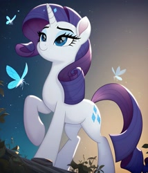 Size: 3429x4000 | Tagged: safe, imported from derpibooru, rarity, pony, unicorn, ai content, ai generated, full body, generator:pony diffusion v6 xl, generator:stable diffusion, high res, horn, movie accurate, night, outdoors, prompter:midnight dashie, solo