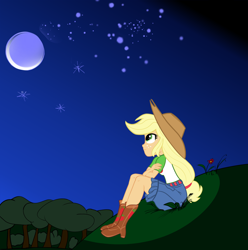 Size: 1212x1222 | Tagged: safe, artist:calmbreezes, imported from derpibooru, equestria girls, equestria girls series, boots, clothes, cowboy boots, cowboy hat, crossed arms, freckles, grass, hat, moon, night, night sky, outdoors, shoes, sitting, sky, solo, tree