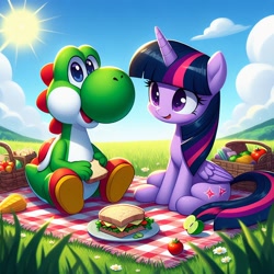 Size: 1024x1024 | Tagged: safe, artist:user15432, imported from derpibooru, twilight sparkle, alicorn, dinosaur, pony, yoshi, ai content, ai generated, alternate cutie mark, apple, basket, blue sky, cloud, crossover, daisy (flower), flower, food, generator:bing image creator, generator:dall-e 3, grass, open mouth, open smile, pepper, picnic, picnic basket, picnic blanket, prompter:user15432, sandwich, smiling, sun, super mario bros., tomato, twilight sparkle (alicorn), yoshilight