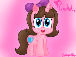 Size: 910x684 | Tagged: safe, artist:katiegirlsforever, imported from derpibooru, oc, oc only, oc:rachel, pony, unicorn, blue eyes, bow, brown hair, brown mane, brown tail, cute, female, girly, girly girl, hair bow, horn, looking at you, mare, ocbetes, open mouth, open smile, pink background, pink coat, purple bow, simple background, smiling, smiling at you, solo, tail, unicorn oc