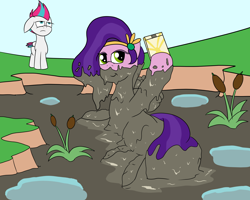 Size: 2000x1600 | Tagged: safe, artist:amateur-draw, imported from derpibooru, pipp petals, zipp storm, pegasus, annoyed, cellphone, covered in mud, eyeroll, female, floppy ears, g5, lying down, mare, mud, mud bath, mud pony, muddy, muddy pipp, phone, pipp's phone, pond, selfie, siblings, simple background, sisters, smartphone, unamused, water, wet and messy, zipp storm is not amused