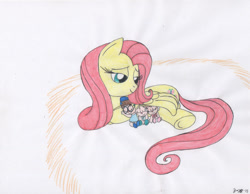 Size: 1024x796 | Tagged: safe, artist:katiegirlsforever, imported from derpibooru, fluttershy, chipmunk, pegasus, pony, alvin and the chipmunks, baby, bedroom eyes, brittany miller, crossover, cuddling, cute, eleanor miller, eyes closed, female, flutterlove, folded wings, glasses, group, hay, jeanette miller, love, lying down, mare, prone, quartet, shyabetes, smiling, the chipettes, traditional art, wings