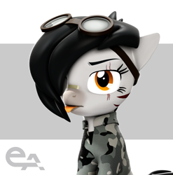 Size: 2131x2160 | Tagged: safe, artist:34lex, imported from derpibooru, oc, oc:bylka, earth pony, pony, 3d, black hair, camouflage, enhanced, enhanced ponies, eye scar, facial scar, female, half body, one eye closed, orange eyes, photo, scar, simple background, source filmmaker, tongue out, white background