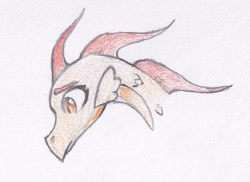 Size: 1034x752 | Tagged: safe, artist:foxtrot3, imported from derpibooru, oc, oc only, oc:mellifera, changeling, dragon, bust, earfins, frown, scales, solo, traditional art