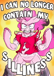Size: 2480x3507 | Tagged: safe, artist:mcsplosion, imported from derpibooru, pinkie pie, earth pony, human, pony, angry, bipedal, clothes, female, fire, gritted teeth, high res, human to pony, male to female, mare, mid-transformation, muscles, rage, ripping clothes, rule 63, solo, teeth, text, transformation, transgender transformation, vein, vein bulge
