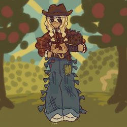 Size: 2048x2048 | Tagged: safe, artist:starrstrawberryy, imported from derpibooru, applejack, human, apple, braid, braided pigtails, clothes, denim, food, humanized, implied rarijackdash, jeans, pants, pigtails, short shirt, solo, tree