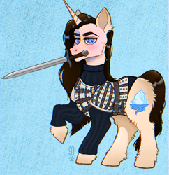 Size: 1314x1358 | Tagged: safe, artist:sugar daze, imported from twibooru, oc, oc:cullen ice-eyes, unicorn, ponyfinder, bastard sword, brigandine, commission, dungeons and dragons, horn, image, no source available, pathfinder, pen and paper rpg, png, rpg, snowpony, sword, twibooru exclusive, unicorn oc, weapon