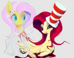 Size: 1103x870 | Tagged: safe, artist:ponykip, imported from derpibooru, fluttershy, pegasus, pony, elements of insanity, big ears, big eyes, blood, blood puddle, bloody hooves, bloody mouth, colored eyebrows, colored pinnae, duality, duo, duo female, female, folded wings, frown, gray background, hat, heterochromia, long mane, lying down, mare, messy mane, open mouth, open smile, pink mane, prone, red mane, self paradox, self ponidox, simple background, smiling, teal eyes, teeth, top hat, two toned mane, wavy mane, wings
