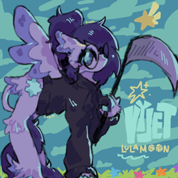 Size: 2048x2048 | Tagged: safe, artist:starrstrawberryy, imported from derpibooru, oc, oc only, oc:vylet, pegasus, pony, clothes, hoodie, pegasus oc, scythe, wings