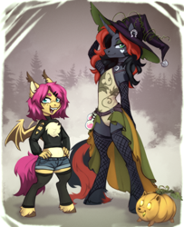 Size: 1692x2080 | Tagged: safe, artist:sparkling_light, imported from derpibooru, oc, anthro, bat pony, unguligrade anthro, unicorn, chest fluff, choker, clothes, dress, female, fishnet clothing, fishnets, hat, horn, open mouth, potion, pumpkin, shorts, socks, stockings, thigh highs, trio, witch hat