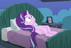 Size: 694x466 | Tagged: safe, imported from derpibooru, screencap, starlight glimmer, pony, unicorn, every little thing she does, bed, belly, cropped, horn, indoors, looking up, lying down, on back, on bed, round belly, solo, stare