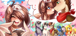 Size: 4200x2000 | Tagged: safe, artist:fenwaru, imported from derpibooru, oc, oc:buster, oc:mint petal, oc:ondrea, oc:swango, oc:viridian, hybrid, pegasus, pony, unicorn, about to kiss, background, blushing, cherry blossoms, cute, flower, flower blossom, heart, horn, lake, love, park, scenery, skull, water