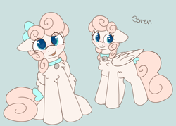 Size: 2800x2000 | Tagged: safe, artist:puppie, imported from derpibooru, oc, oc only, oc:soren, pegasus, pony, :p, bell, bell collar, bow, collar, curly mane, cute, female, hair bow, innocent, mare, pegasus oc, soft, solo, tail, tail bow, tongue out, wingding eyes, wings