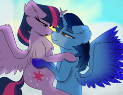 Size: 780x602 | Tagged: safe, imported from derpibooru, twilight sparkle, oc, oc:blue thunder, alicorn, pony, boop, canon x oc, female, lifting, looking at each other, looking at someone, male, noseboop, sexy, shipping, straight, sunny day, thundersparkle, twilight sparkle (alicorn)