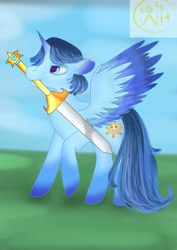 Size: 1000x1414 | Tagged: safe, imported from derpibooru, oc, oc only, oc:blue thunder, alicorn, alicorn oc, hero, horn, mouth hold, solo, sword, weapon, wings