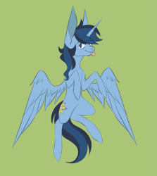Size: 1465x1640 | Tagged: safe, artist:maggot, imported from derpibooru, oc, oc only, oc:blue thunder, alicorn, flying, green background, simple background, solo, tongue out