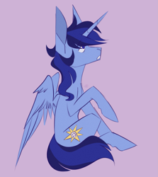 Size: 1465x1640 | Tagged: safe, artist:maggot, imported from derpibooru, oc, oc only, oc:blue thunder, alicorn, looking up, purple background, simple background, sitting, solo