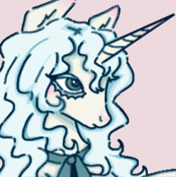 Size: 250x252 | Tagged: safe, artist:junniepiepoopop, imported from derpibooru, oc, oc only, oc:pillow lace, pony, unicorn, blue eyes, blue mane, blushing, colored eyelashes, cream coat, ear blush, eye clipping through hair, frown, horn, horn blush, long horn, long mane male, lowres, male, neck bow, neck ribbon, nose blush, pink background, profile, simple background, solo, stallion, unicorn oc, wavy mane