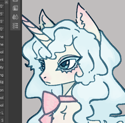 Size: 392x388 | Tagged: safe, artist:junniepiepoopop, imported from derpibooru, oc, oc only, oc:pillow lace, pony, unicorn, blue eyes, blue mane, blushing, chest fluff, colored eyelashes, cream coat, ear blush, ear fluff, frown, horn, horn blush, lidded eyes, long horn, long mane, long mane male, male, neck bow, neck ribbon, nose blush, solo, stallion, unicorn oc, wavy mane