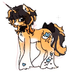 Size: 727x711 | Tagged: safe, artist:junniepiepoopop, imported from derpibooru, oc, oc only, unnamed oc, pony, unicorn, big eyes, bow, brown eyes, chest fluff, coat markings, colored belly, colored horn, colored muzzle, colored pinnae, colored sketch, ear fluff, ear piercing, earring, facial markings, heart, heart mark, horn, jewelry, long horn, long mane, long mane male, long tail, male, mealy mouth (coat marking), neck bow, neck ribbon, orange coat, pale belly, piercing, ponysona, profile, pubic fluff, simple background, sketch, smiling, socks (coat markings), solo, stallion, standing, star (coat marking), tail, tail bow, two toned mane, two toned tail, unicorn horn, unicorn oc, unshorn fetlocks, white background