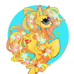 Size: 850x850 | Tagged: safe, artist:cutesykill, imported from derpibooru, applejack, earth pony, pony, beanbrows, big ears, big eyes, blonde mane, blonde tail, braid, braided ponytail, braided tail, colored eyebrows, eyebrows, female, flower, flower in hair, flower in tail, freckles, frown, green eyes, looking at you, looking back, looking back at you, mare, orange coat, passepartout, ponytail, profile, rear view, rearing, simple background, slit pupils, solo, tail, thick eyelashes, tied mane, tied tail, white background