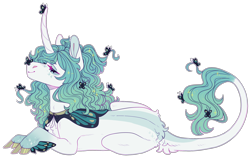 Size: 2876x1805 | Tagged: safe, artist:sleepy-nova, imported from derpibooru, oc, oc only, oc:teal monarch, butterfly, pony, unicorn, cloven hooves, curved horn, fetlock wings, horn, leonine tail, lying down, prone, simple background, solo, tail, transparent background, winged fetlocks