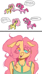 Size: 941x1630 | Tagged: safe, artist:cingulomana, imported from derpibooru, fluttershy, pinkie pie, anthro, earth pony, pegasus, pony, 2 panel comic, comic, dialogue, drug use, drugs, duo, duo female, eye clipping through hair, eyebrows, eyebrows visible through hair, female, floating eyebrows, flutterhigh, hands on pony, high, looking at something, mare, marijuana, meme, open mouth, open smile, pointing, simple background, smiling, speech bubble, suddenly hands, talking, text, vape pen, white background, wingding eyes