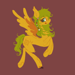 Size: 2048x2048 | Tagged: safe, artist:cingulomana, imported from derpibooru, oc, oc only, pegasus, pony, :p, coat markings, colored eyebrows, colored wings, colored wingtips, curly mane, curly tail, ear fluff, ear tufts, eyebrows, eyebrows visible through hair, green mane, green tail, high res, leg fluff, lineless, long legs, long mane, long neck, long tail, looking back, neck fluff, oc name needed, pegasus oc, profile, rearing, red background, signature, simple background, smiling, solo, spread wings, tail, teal eyes, tongue out, two toned wings, wingding eyes, wings, yellow coat