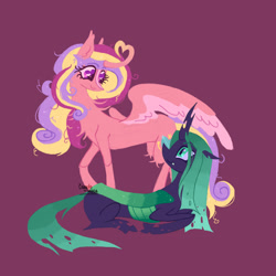 Size: 2048x2048 | Tagged: safe, artist:cingulomana, imported from derpibooru, princess cadance, queen chrysalis, alicorn, changeling, changeling queen, pony, alternate color palette, alternate design, alternate hair color, alternate tail color, black coat, blaze (coat marking), cadalis, carapace, changeling horn, chest fluff, coat markings, colored eyebrows, colored horn, colored wings, colored wingtips, concave belly, curly mane, curly tail, cute, cute little fangs, duo, duo female, ear fluff, ear tufts, eye clipping through hair, eyebrows, eyebrows visible through hair, facial markings, fangs, female, floppy ears, green eyes, green mane, green tail, heart, heart eyes, heart horn, high res, horn, infidelity, leg fluff, lesbian, lineless, long legs, long mane, long tail, looking at each other, looking at someone, lying down, mare, missing accessory, multicolored mane, multicolored tail, pink coat, profile, prone, purple background, purple eyes, raised hoof, shipping, simple background, slender, smiling, smiling at each other, spread wings, standing, straight mane, straight tail, tail, thin, thin legs, two toned wings, wall of tags, wingding eyes, wings