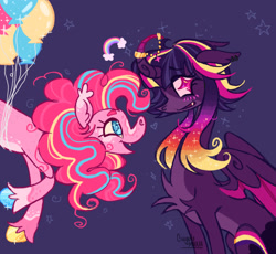 Size: 2048x1884 | Tagged: safe, artist:cingulomana, imported from derpibooru, pinkie pie, twilight sparkle, alicorn, earth pony, pony, alternate color palette, alternate design, alternate eye color, alternate hair color, alternate hairstyle, balloon, big ears, blaze (coat marking), blue eyes, blushing, chest fluff, coat markings, colored belly, colored ear tufts, colored eyebrows, colored hooves, colored horn, colored muzzle, colored sclera, colored wings, colored wingtips, curly mane, curved horn, duo, duo female, ear fluff, ear piercing, ear tufts, earring, eye clipping through hair, eyebrows, eyebrows visible through hair, facial markings, fangs, female, floating, floating heart, floppy ears, gradient mane, heart, hooves, horn, horn jewelry, horn ring, in air, jewelry, leg fluff, lesbian, long neck, looking at each other, looking at someone, mare, mealy mouth (coat marking), multicolored hooves, multicolored mane, open mouth, open smile, pale belly, partially open wings, piercing, pink coat, pink eyes, pink mane, pink sclera, profile, purple background, purple coat, rainbow, ring, shiny hooves, shipping, signature, simple background, sitting, smiling, smiling at each other, sparkles, sparkly eyes, sparkly hooves, sparkly mane, splotches, starry eyes, stars, swirls, thin, twilight sparkle (alicorn), twinkie, two toned wings, unshorn fetlocks, wall of tags, wingding eyes, wings, wolf cut, yellow sclera