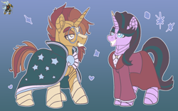 Size: 1920x1200 | Tagged: safe, artist:brainiac, imported from derpibooru, starlight glimmer, sunburst, cyborg, cyborg pony, pony, robot, unicorn, fallout equestria, fallout equestria:all things unequal (pathfinder), female, gradient background, horn, male, mare, stallion