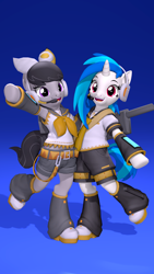 Size: 2160x3840 | Tagged: safe, artist:owlpirate, imported from derpibooru, dj pon-3, octavia melody, vinyl scratch, earth pony, semi-anthro, unicorn, 3d, 4k, clothes, cosplay, costume, duo, duo female, female, gradient background, headset, high res, horn, looking at you, mare, open mouth, open smile, smiling, smiling at you, source filmmaker, standing, standing on one leg