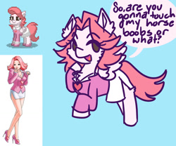 Size: 1280x1067 | Tagged: safe, artist:mimzyymay, imported from twibooru, human, pegasus, pony, pony town, ace attorney, april may, clothes, high heels, image, needs more jpeg, ponified, reference, shoes, skirt, solo, vest, whip, white coat