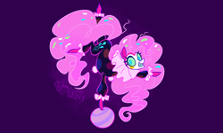 Size: 4000x2400 | Tagged: safe, artist:janegumball, imported from derpibooru, pinkie pie, earth pony, pony, ball, clown, confetti, confetti in mane, confetti in tail, eternal night au (janegumball), female, grin, handstand, high res, looking at you, mare, nightmare pinkie, nightmarified, signature, smiling, smiling at you, solo, standing, standing on one leg, upside down