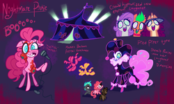 Size: 4000x2400 | Tagged: safe, artist:janegumball, imported from derpibooru, pinkie pie, bat pony, earth pony, pegasus, pony, unicorn, balloon, balloon animal, circus tent, clown, eternal night au (janegumball), eye twitch, fangs, female, filly, floppy ears, foal, food, grin, gritted teeth, high res, horn, hypnosis, hypnotized, mare, microphone, nightmare pinkie, nightmarified, smiling, swirly eyes, teeth, text, tomato