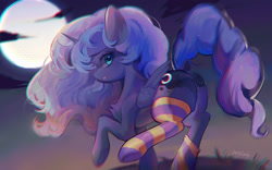 Size: 3327x2081 | Tagged: safe, artist:jelly-candy, imported from derpibooru, princess luna, alicorn, butt, chromatic aberration, clothes, cute, looking back, lunabetes, moon, moonbutt, night, plot, socks, striped socks