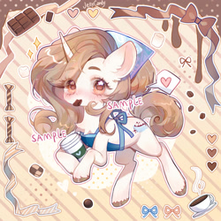 Size: 2000x2000 | Tagged: safe, artist:jelly-candy, imported from derpibooru, oc, oc only, unnamed oc, pony, unicorn, apron, blushing, chocolate, chocolate bar, clothes, coffee, coffee cup, cup, cute, food, heart, holding in mouth, horn, marshmallow, ocbetes, ribbon, speech bubble, striped background