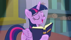 Size: 1200x675 | Tagged: safe, imported from derpibooru, screencap, twilight sparkle, alicorn, book, eyes closed, solo, that pony sure does love books, twilight sparkle (alicorn)