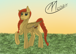 Size: 3508x2480 | Tagged: safe, artist:maître cervidé, imported from derpibooru, oc, oc only, oc:flame fever, pegasus, concave belly, female, grass, scar, signature, solo