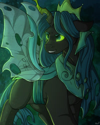 Size: 1024x1280 | Tagged: safe, artist:binibean, imported from derpibooru, queen chrysalis, changeling, changeling queen, female, glowing, glowing horn, grin, horn, smiling, solo, turned head, ultimate chrysalis