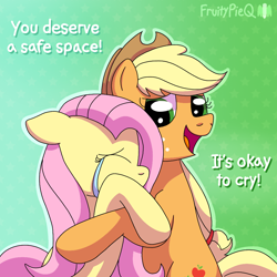 Size: 1000x1000 | Tagged: safe, artist:fruiitypieq, imported from derpibooru, applejack, fluttershy, earth pony, pegasus, crying, female, fluttercry, gradient background, patterned background