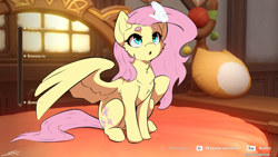 Size: 2560x1440 | Tagged: safe, artist:skitsroom, imported from derpibooru, fluttershy, pegasus, pony, cute, disembodied hand, female, genshin impact, hand, head pat, mare, open mouth, pat, shyabetes, sitting, solo