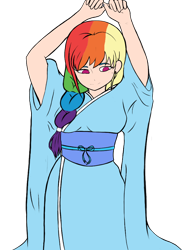 Size: 768x1024 | Tagged: safe, artist:icicle-niceicle-1517, artist:lunathekitsunegirl, artist:metaruscarlet, color edit, edit, imported from derpibooru, rainbow dash, human, alternate hairstyle, clothes, collaboration, colored, female, humanized, kimono (clothing), nail polish, ponytail, simple background, solo, transparent background, yukata